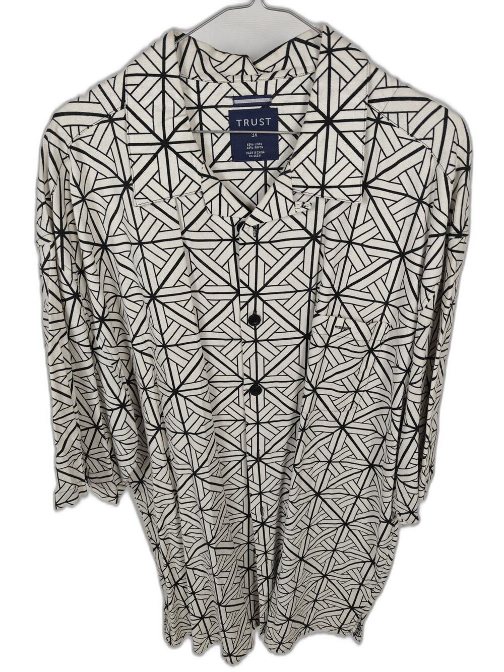 Trust Men's 3X White Black Geometric Linen Blend Button Front Shirt Size 3XL